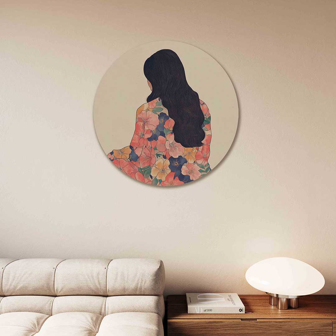 Vrouw met bloemenpatroon – moderne abstracte muurcirkel voor aan de muur