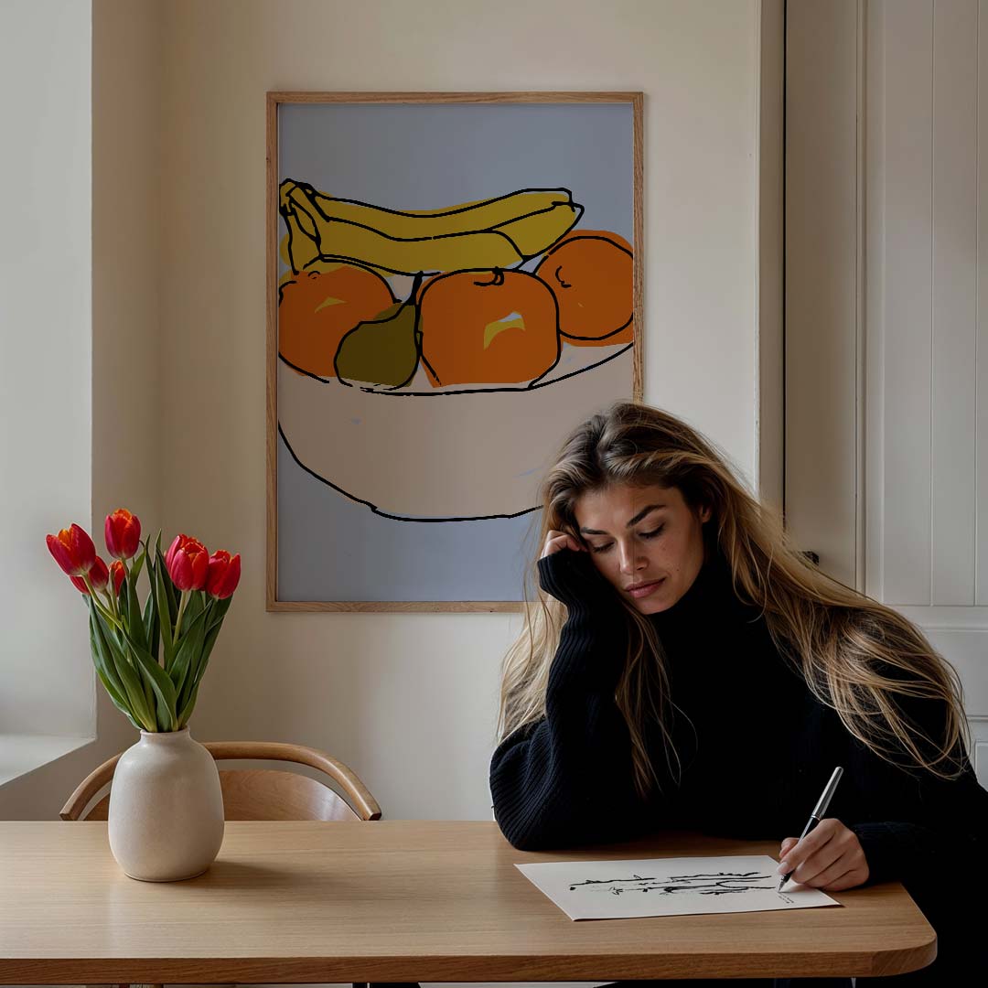 Kleurrijke Fruitmand Illustratie – culinaire wandkunst als portret poster