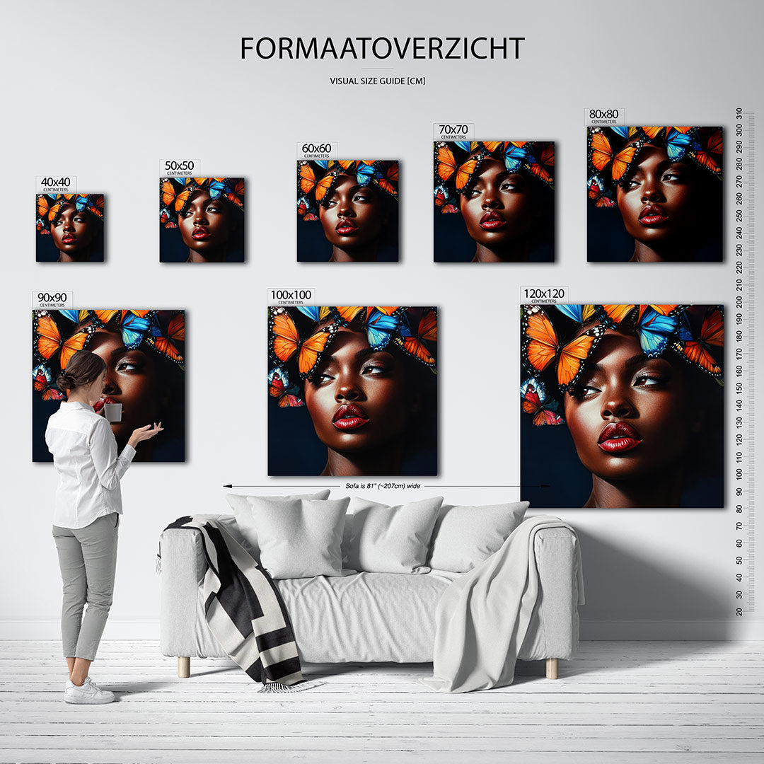 Vlinders en portret kunstwerk – sfeerbeeld – dit kunstwerk toont een vrouwelijk portret met kleurrijke vlinders. De levendige