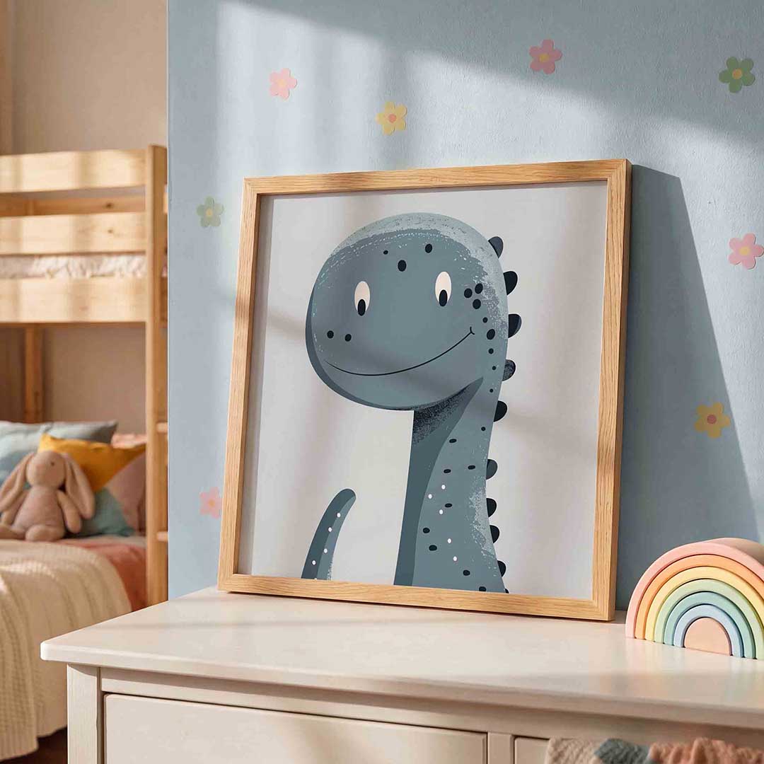 Blauwe dinosaurus – speelse wandkunst als vierkante kinderposter