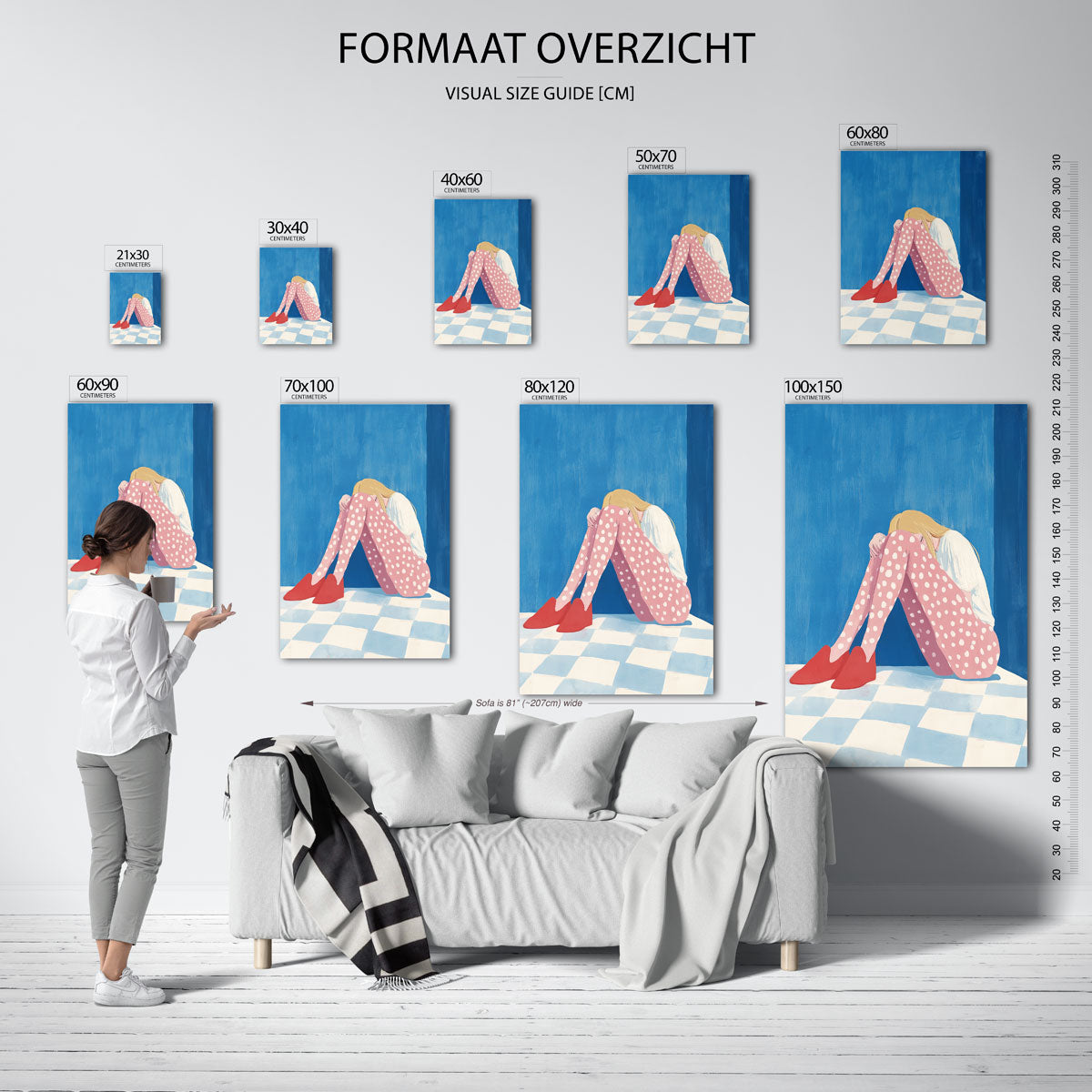 Zittende figuur met stippen – staande muurposter voor een modern interieur