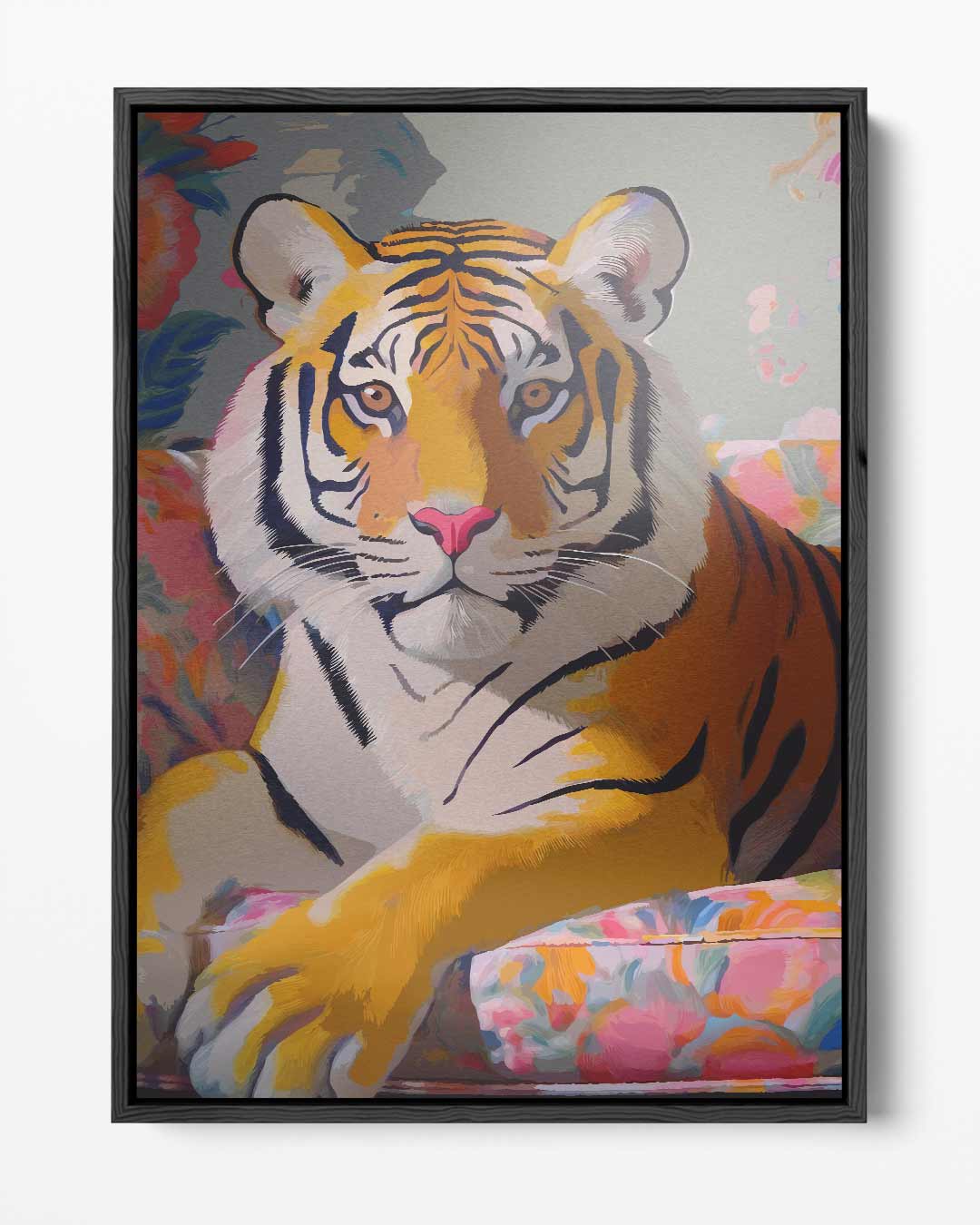Tropische Tijger in Bloemenpracht – portret kunstwerk als wanddecoratie