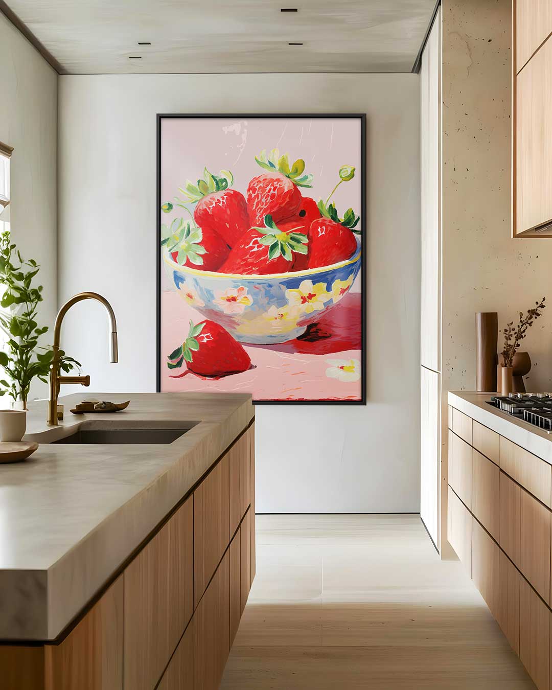 Aardbeien in Bloemenschotel – staand kunstwerk voor modern interieur