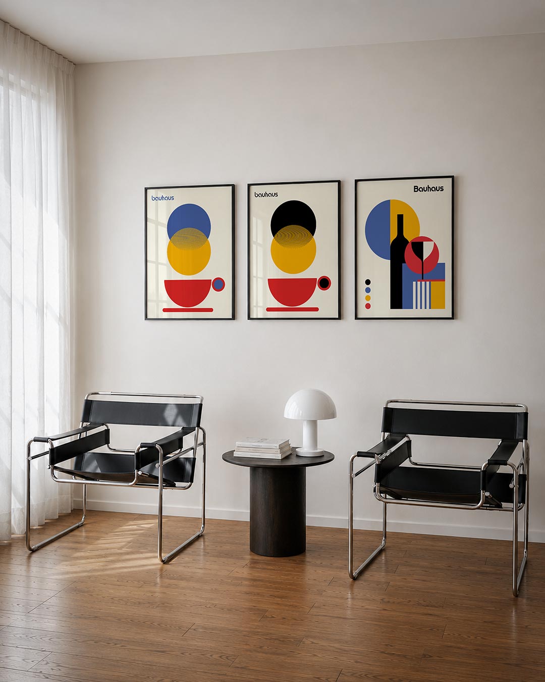 Vormen en kleurvlakken driedelige posterset – deze posterset in drie delen toont een speelse balans van cirkels en halve
