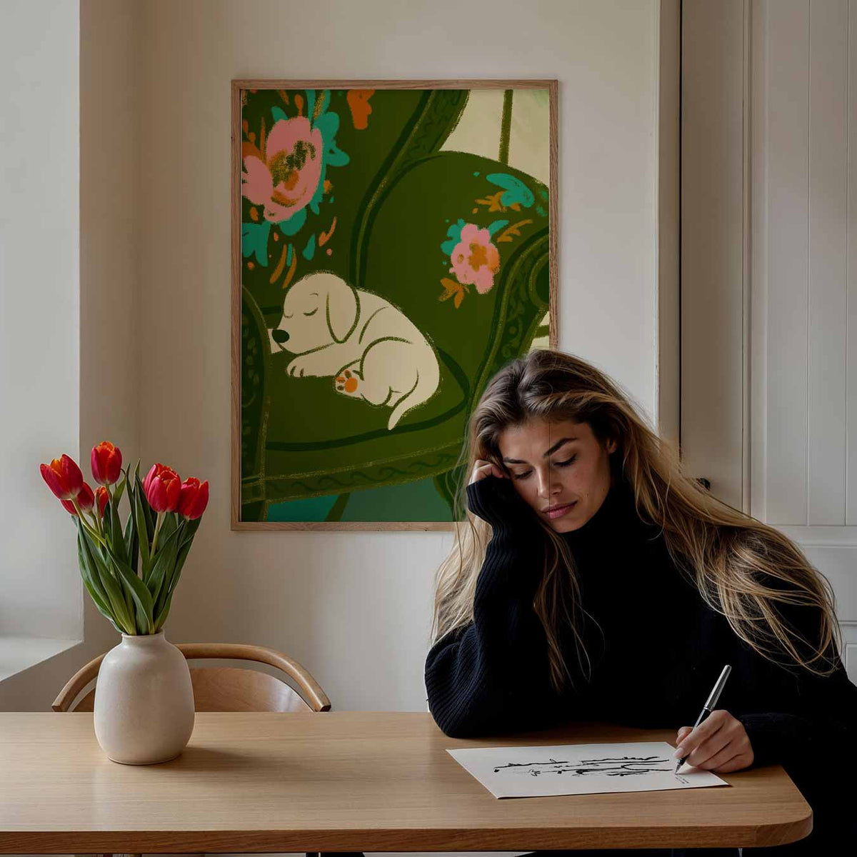 Slapende Puppy op Bloemenstoel – staande dieren wanddecoratie van WallArtistic