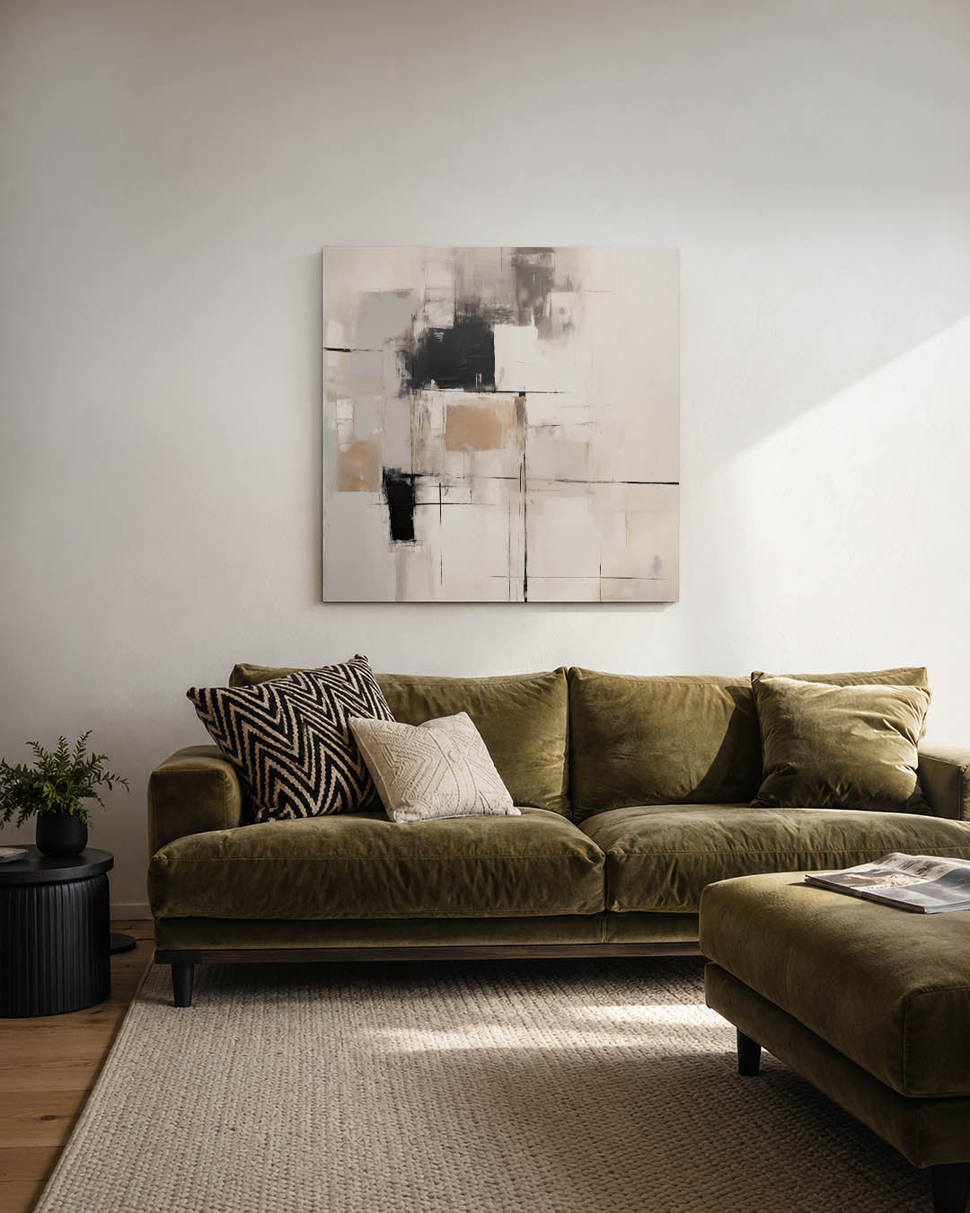 Geometrische compositie kunstwerk – derde productweergave – dit werk toont een subtiele balans van rechthoeken en lijnen in