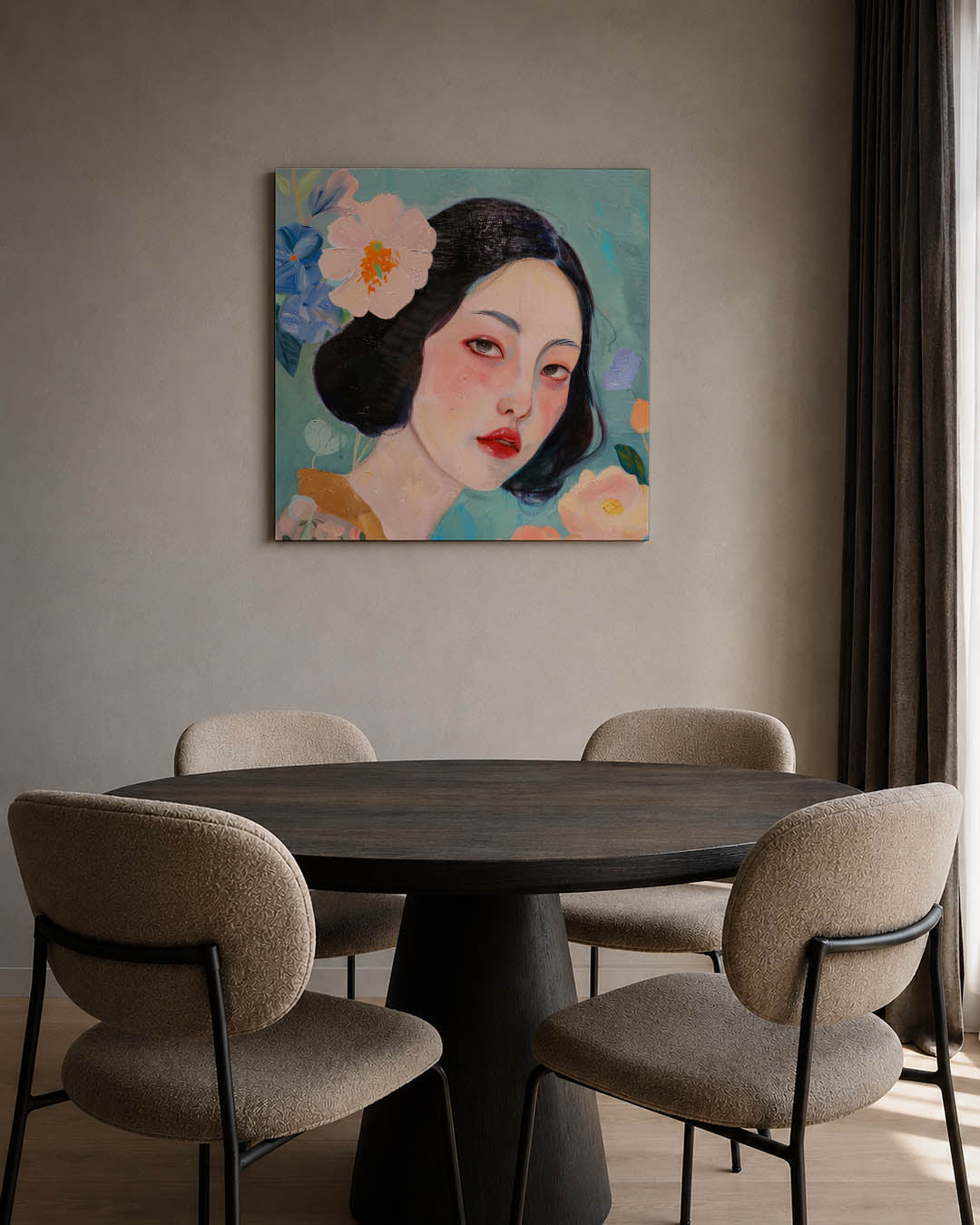 Vrouwelijk portret bloemen kunstwerk – tweede productweergave – dit werk toont een vrouwelijk portret omringd door kleurrijke