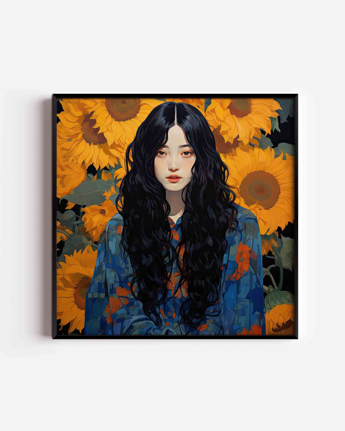 Vrouw met zonnebloemen – kleurrijke illustratie poster als wanddecoratie