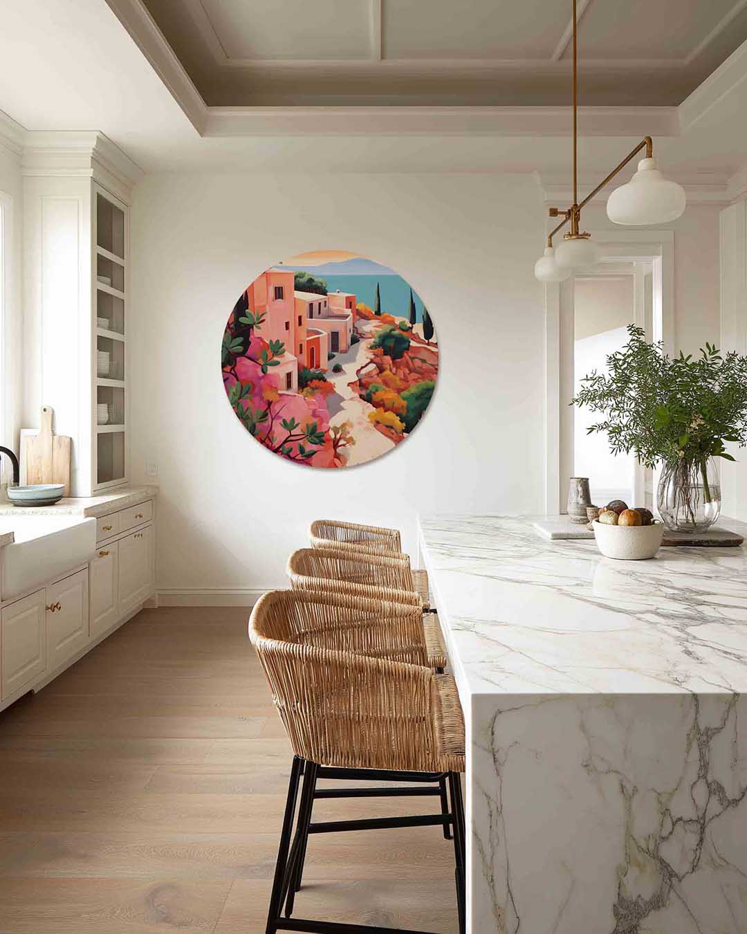 Mediterrane huizen – abstracte muurcirkel als ronde wanddecoratie