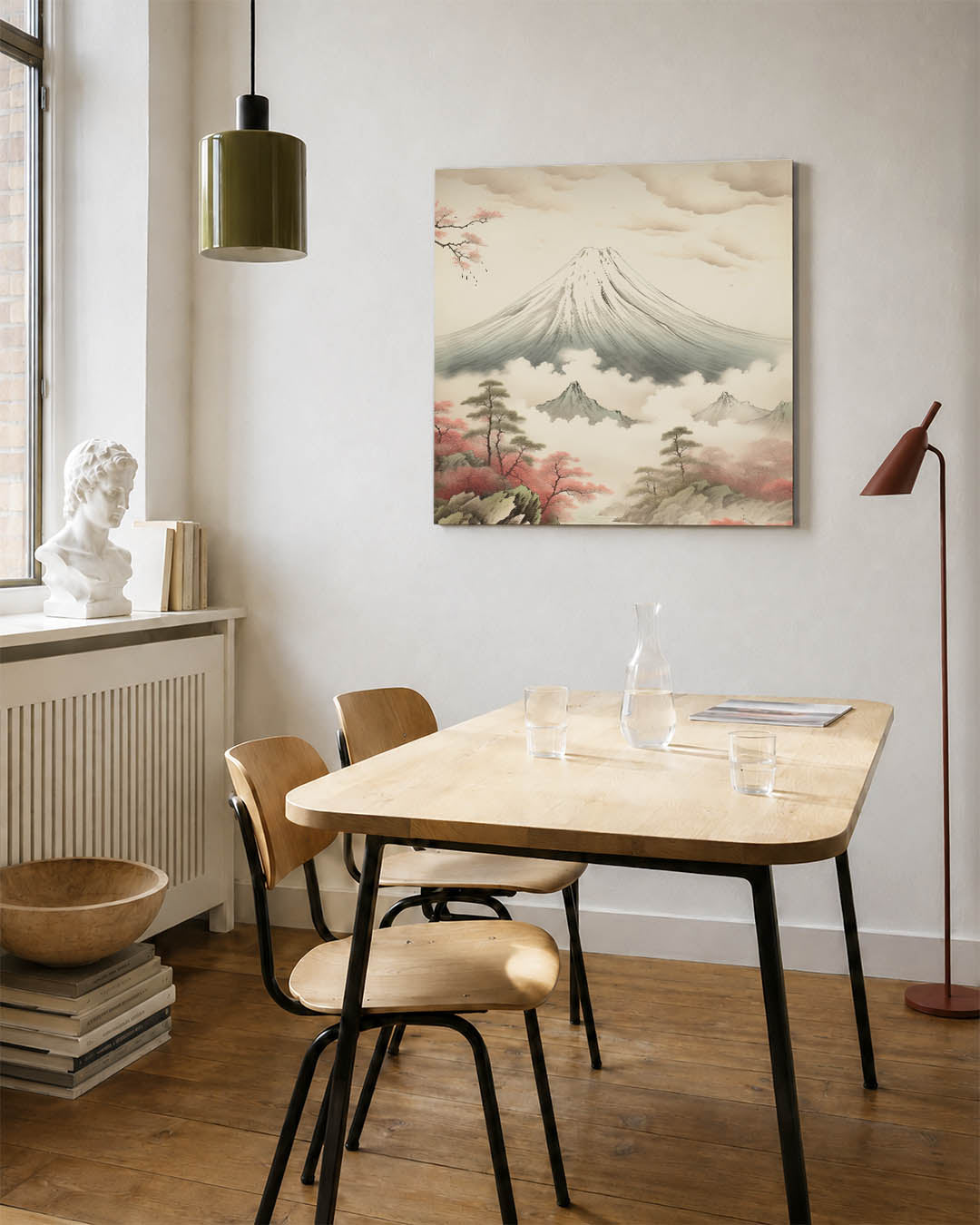Serene berglandschap kunstwerk – detailweergave – dit kunstwerk toont een majestueuze berg omgeven door wolken en bomen. De
