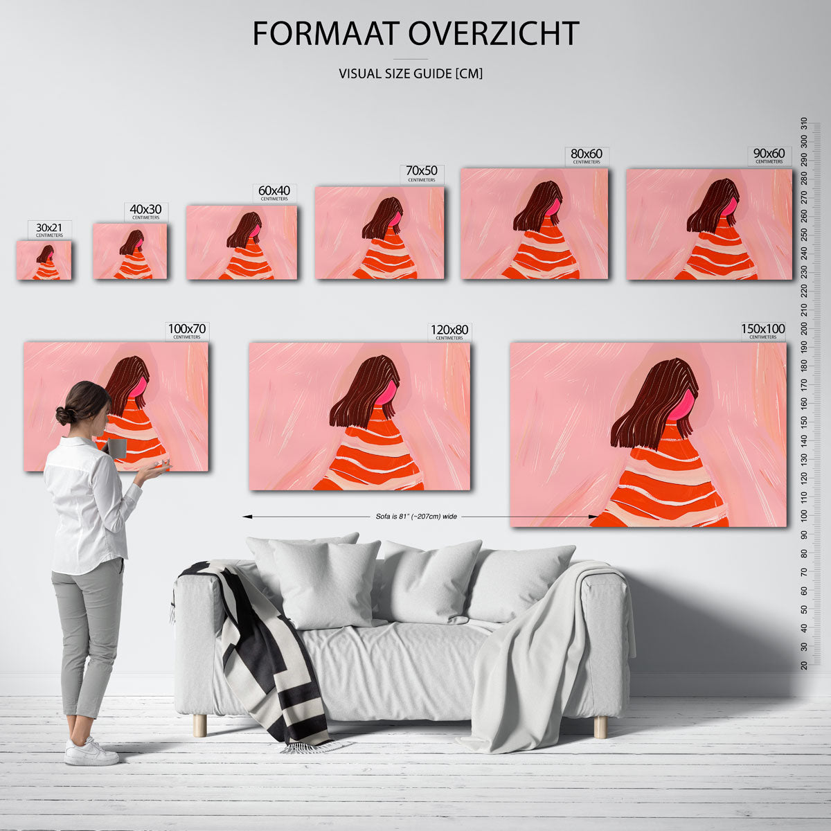 Gestreepte jurk en roze achtergrond – liggende muurposter met vrouwelijk portret