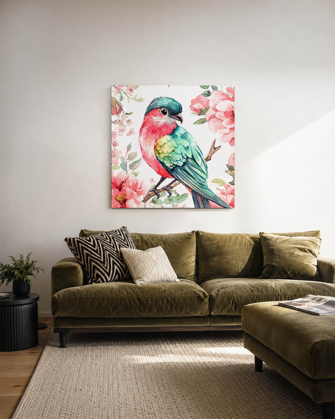Vogel en bloemen kunstwerk – sfeerbeeld – dit kunstwerk toont een kleurrijke vogel omringd door bloemen. De levendige tinten