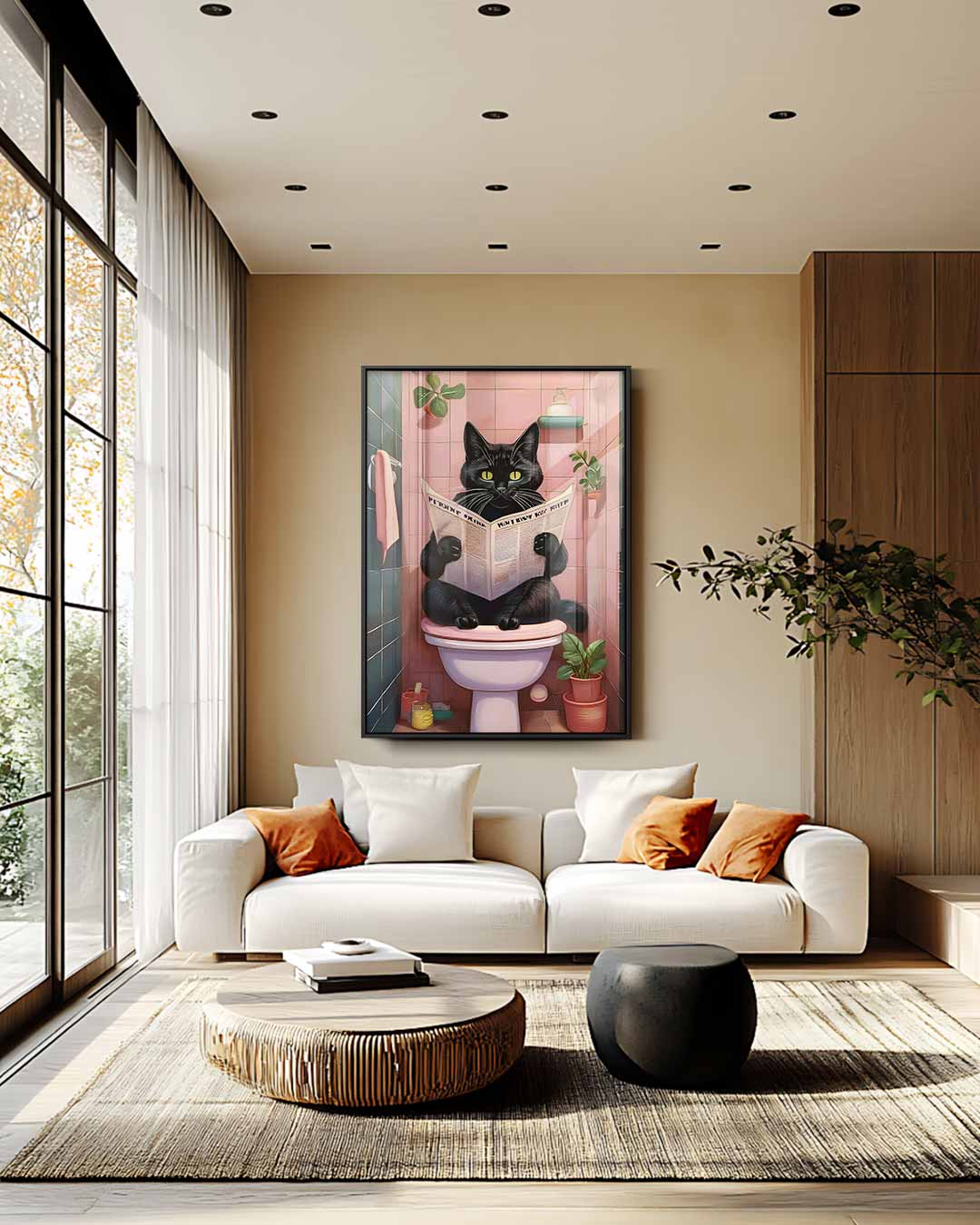 Kat Met Krant in de Badkamer – staand kunstwerk voor modern interieur