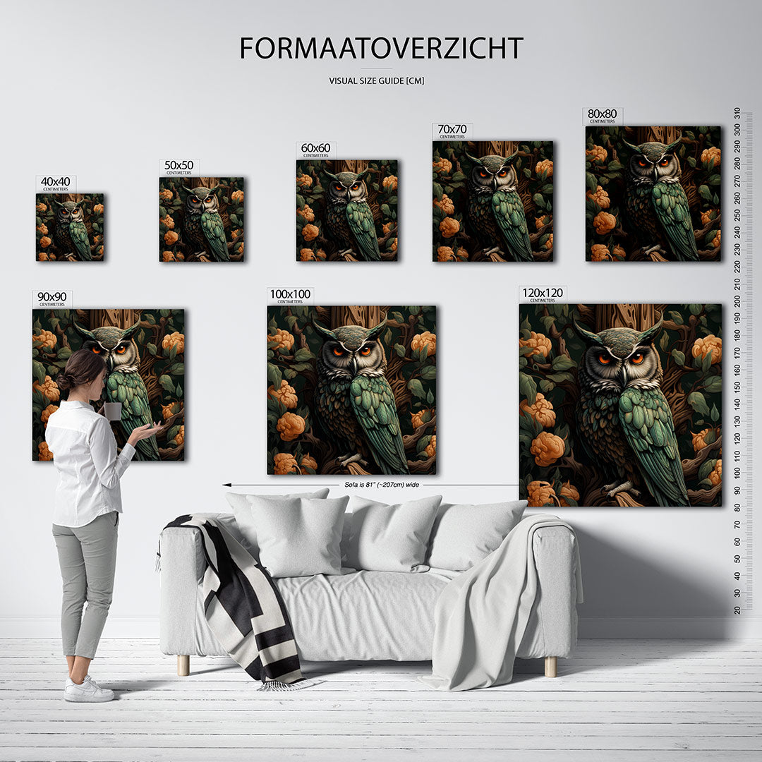 Uil in bloemen kunstwerk – sfeerbeeld – dit kunstwerk toont een gedetailleerde uil omringd door bloemen en bladeren. De