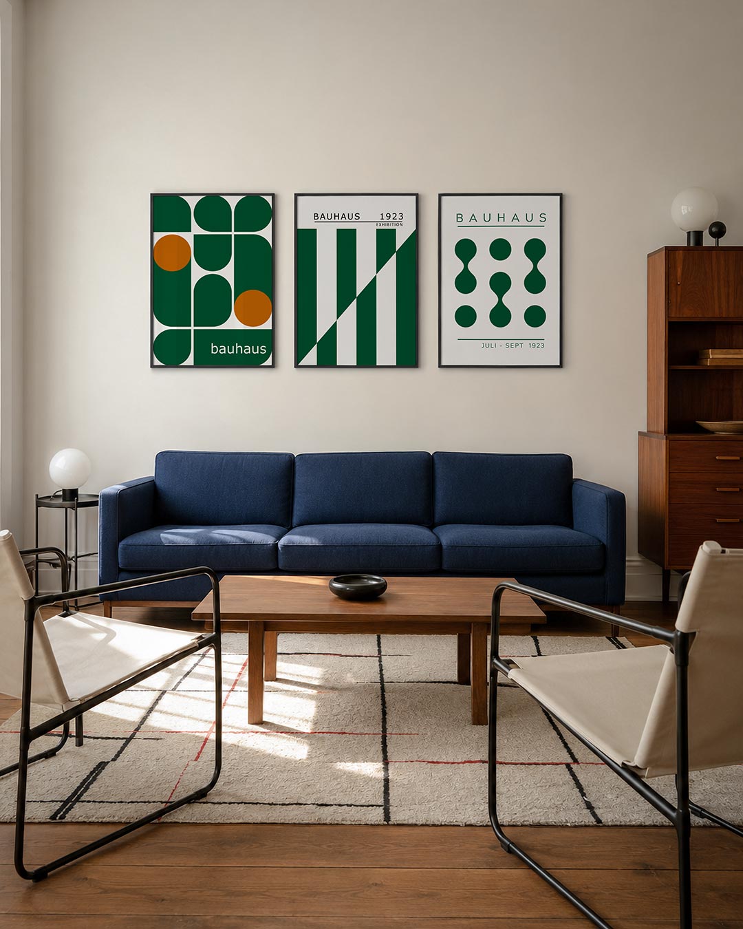 Vormen en vlakken driedelige posterset – deze posterset in drie delen toont een speelse combinatie van donkergroene en oranje