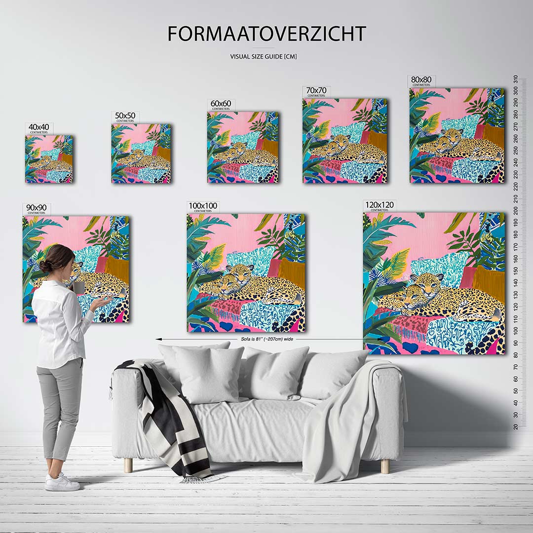 Exotische dierenwereld kunstwerk – dit kunstwerk toont twee luipaarden te midden van een kleurrijke jungle. De levendige