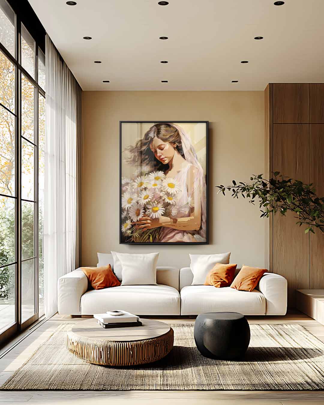 Vrouw met Madeliefjes – plexiglas wanddecoratie in portret formaat