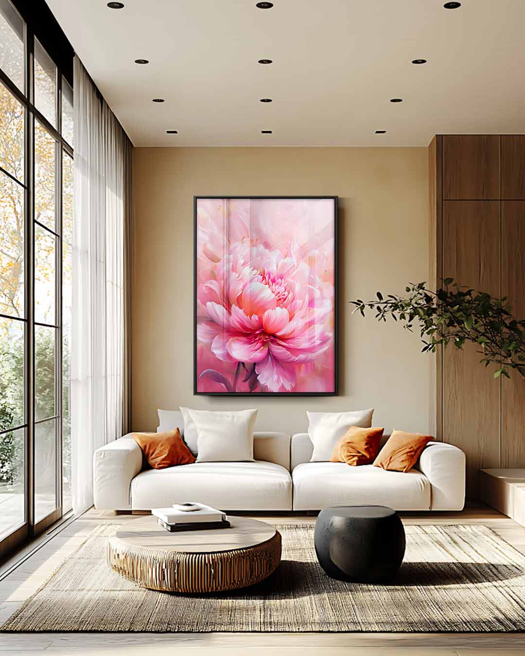 Bloeiende Pioen in Roze – plexiglas wanddecoratie in portret formaat