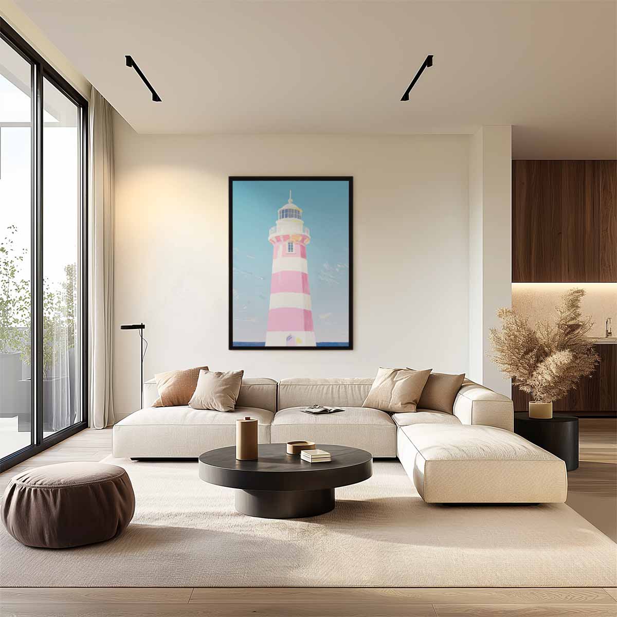 Zomerse Vuurtoren aan de Kust – staand kunstwerk voor modern interieur