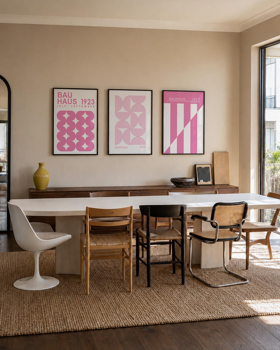 Vorm en kleur driedelige posterset – deze posterset in drie delen toont een ritmisch patroon van roze halve cirkels en