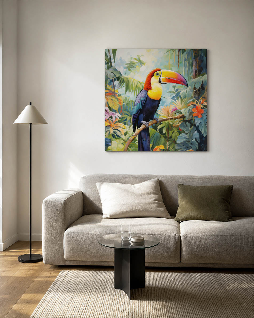 Vrolijke toekan kunstwerk – detailweergave – dit kunstwerk toont een kleurrijke toekan in een weelderige jungle, met