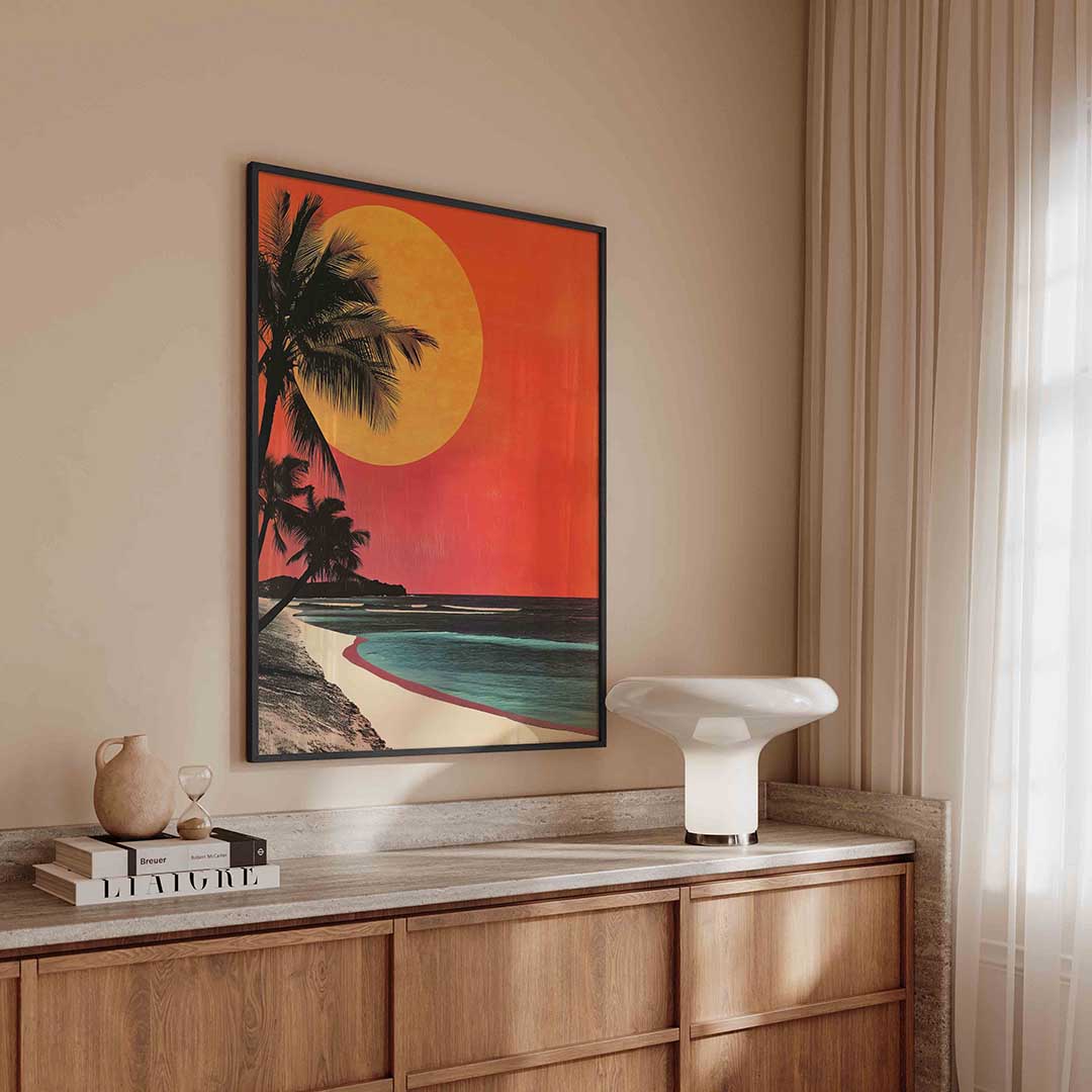 Palmboom en zonsondergang – surreal poster in staand formaat