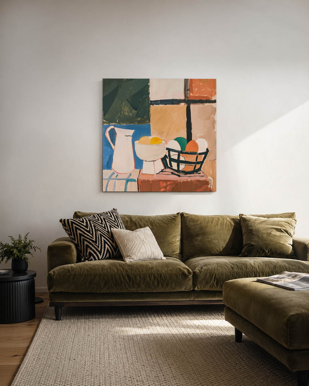 Geometrische stilleven kunstwerk – derde productweergave – dit werk toont een verzameling van geometrische vormen en kleuren.