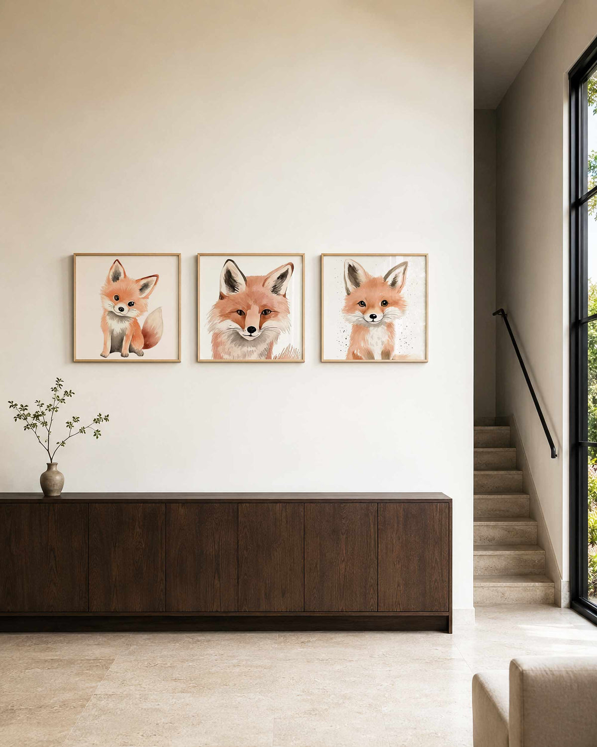 Interieurpresentatie van een driedelige vierkante posterset met vosjes illustraties