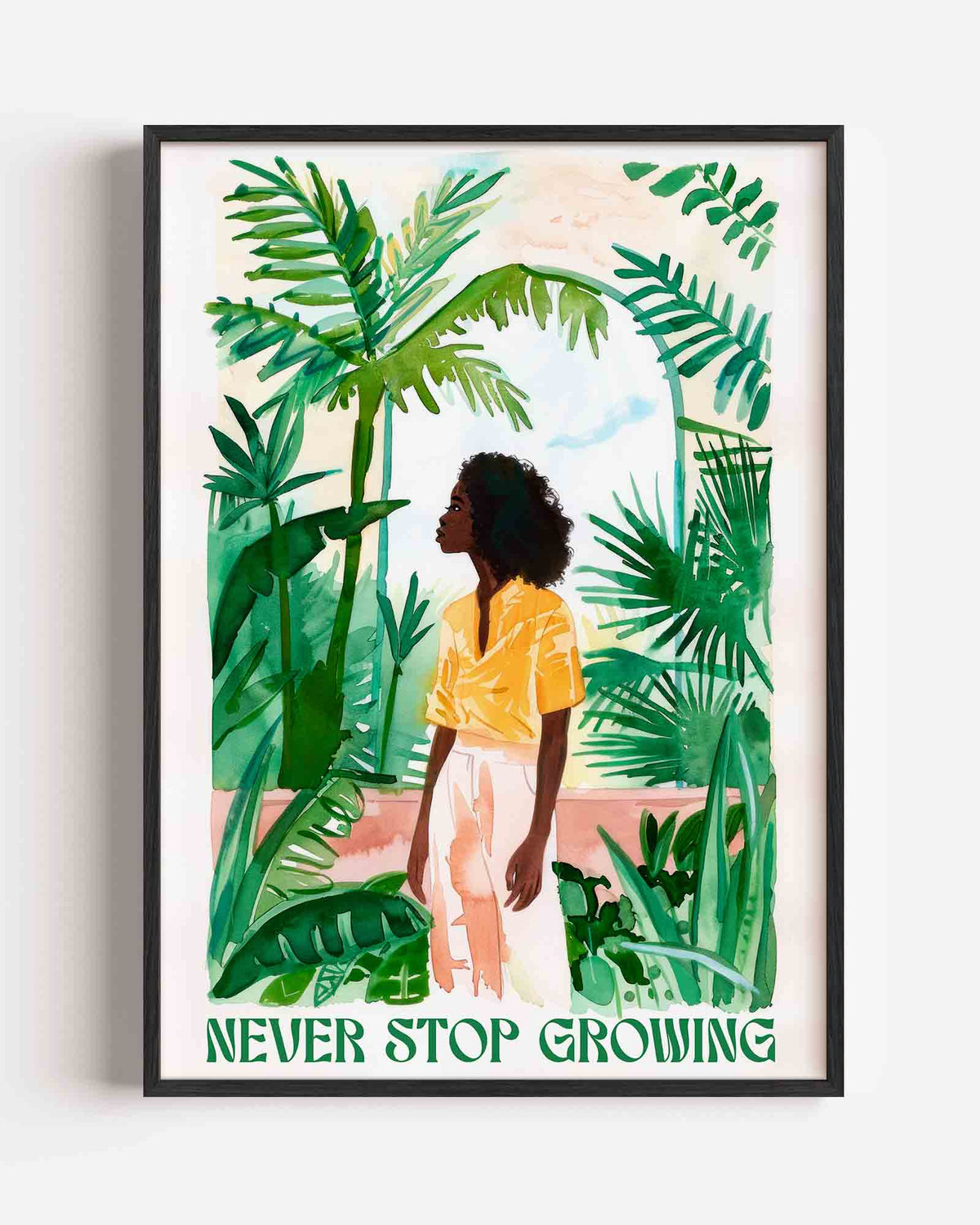 Vrouw tussen groene bladeren – kleurrijke illustratie portret poster als wanddecoratie