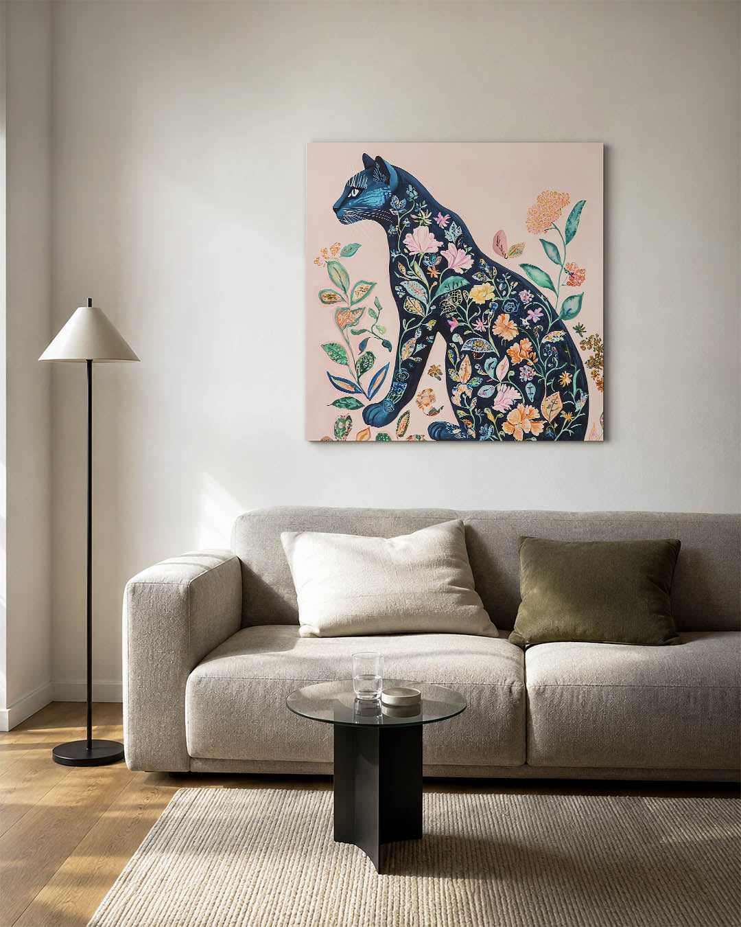 Bloemenkat kunstwerk – detailweergave – dit werk toont een silhouet van een kat gevuld met kleurrijke bloemen en bladeren