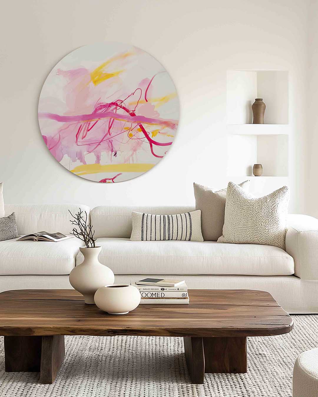 Abstracte roze en gele – muurcirkel met kleur en vormen voor aan de muur