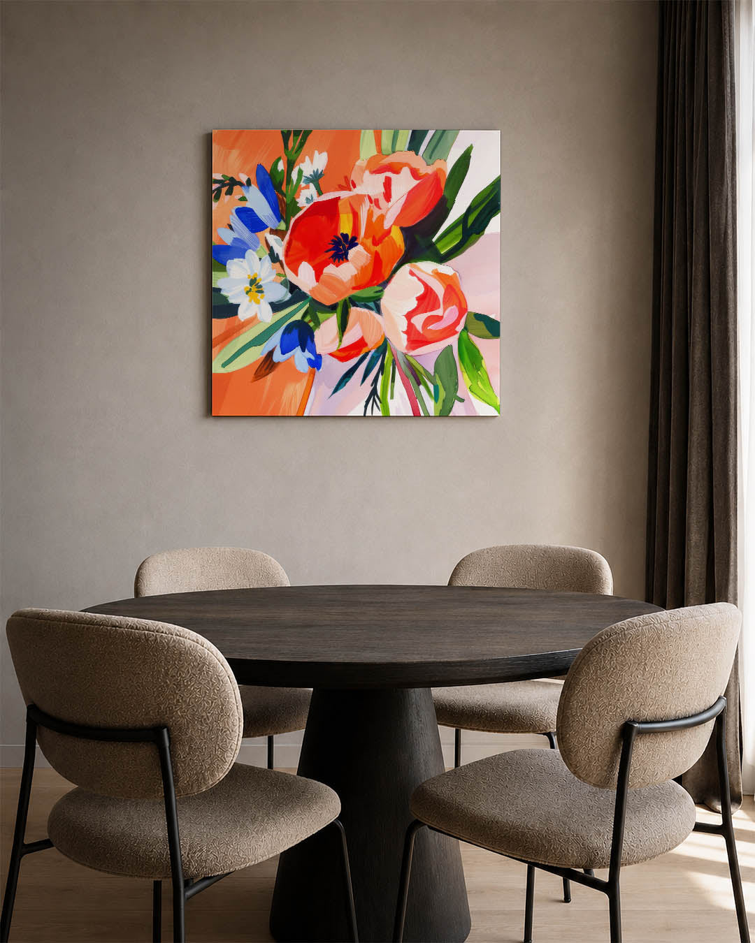 Vrolijke bloemenexplosie kunstwerk – vierkante wanddecoratie – dit werk toont een levendige compositie van bloemen in felle