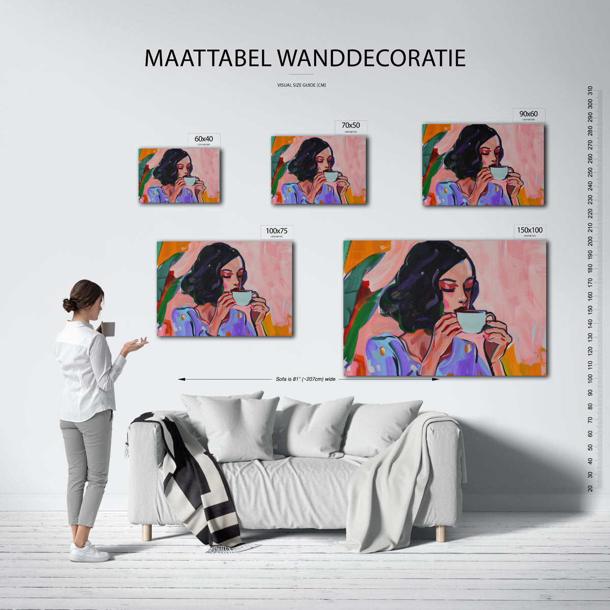 Vrouw met koffiekop – moderne liggende wanddecoratie
