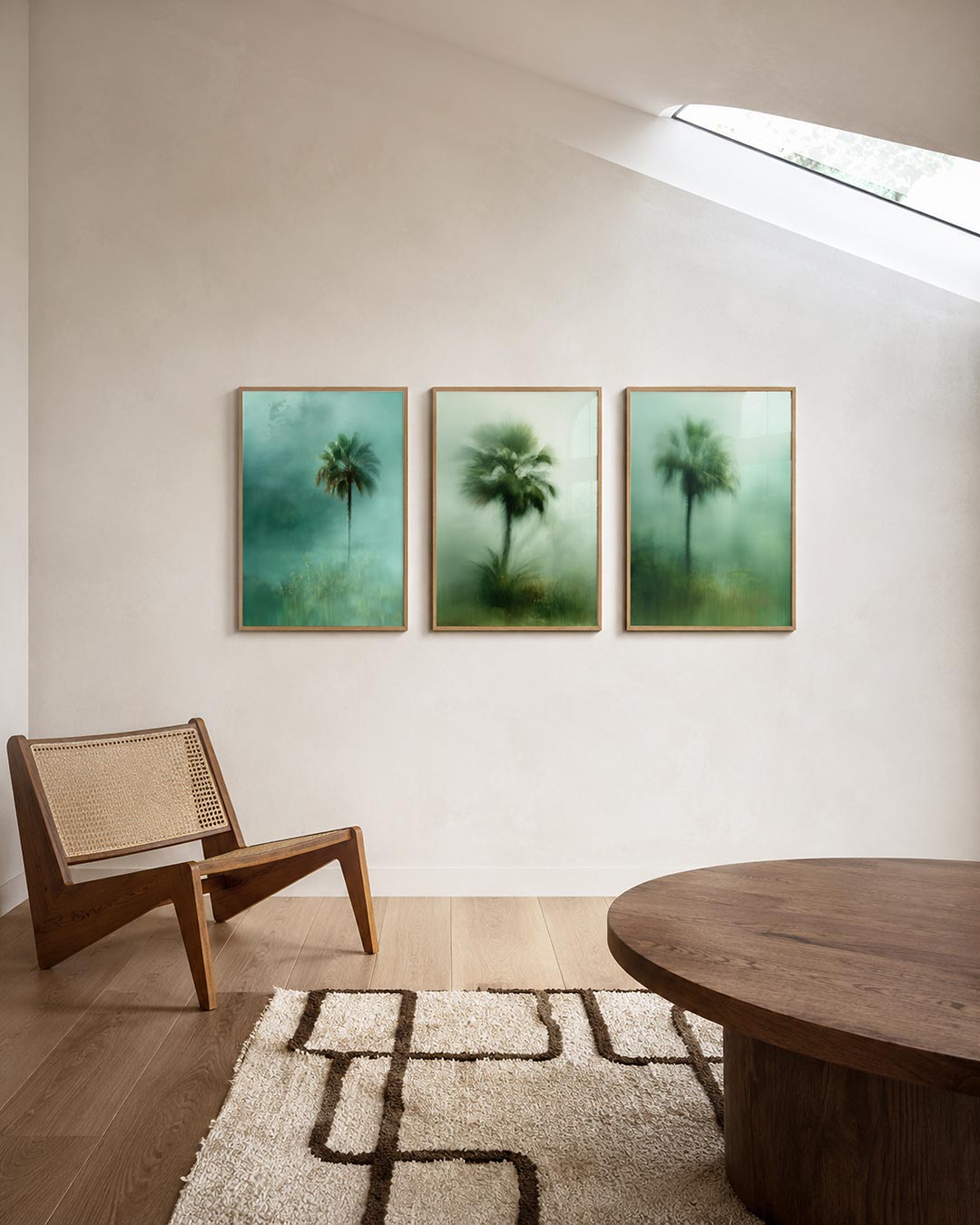 Mistige palm posterset – derde productweergave – een eenzame palmboom staat centraal in een zee van zachte,