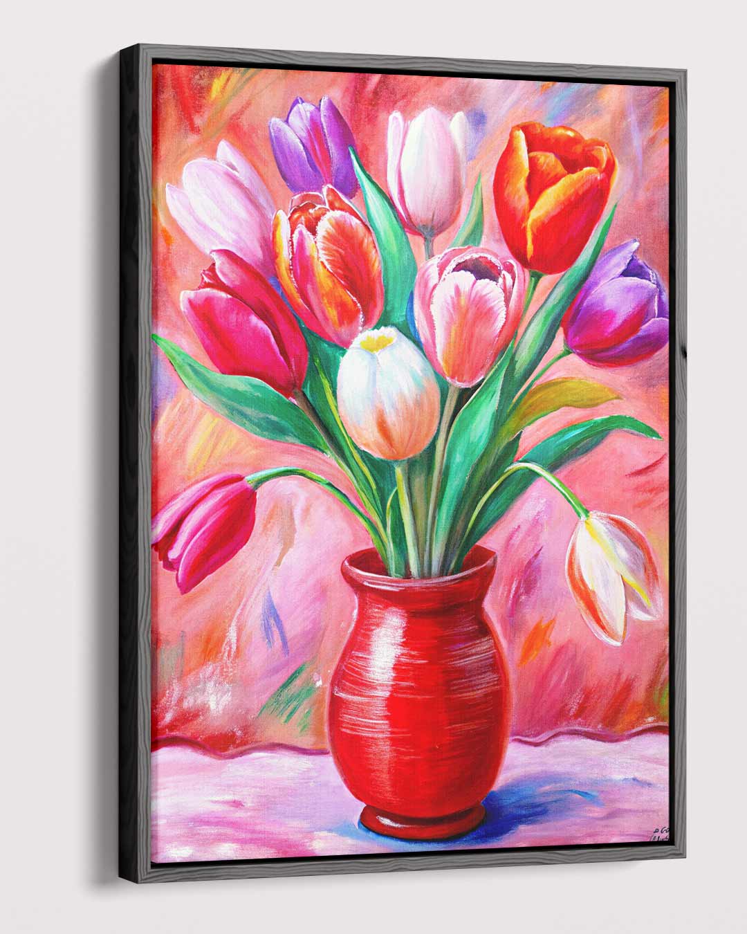 Kleurrijke Tulpen in Rode Vaas – dibond kunstwerk als wanddecoratie