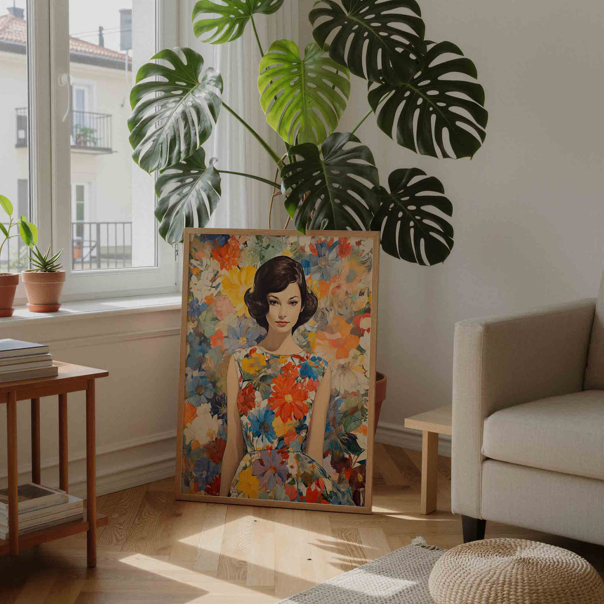 Vrouw met bloemenjurk – staande botanische wanddecoratie van WallArtistic