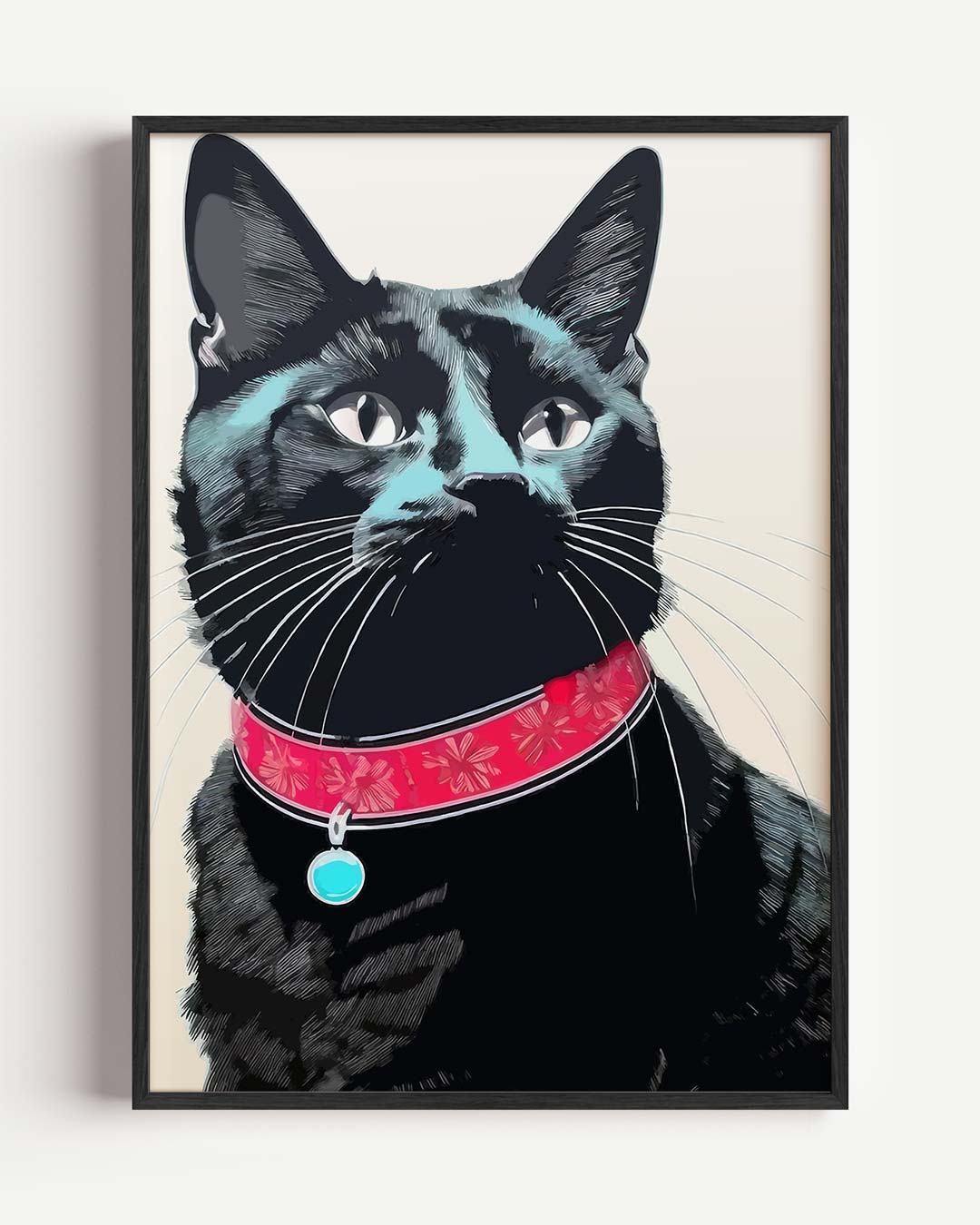 Stijlvolle Kattenposter met Rode Halsband – dieren portret poster als wanddecoratie