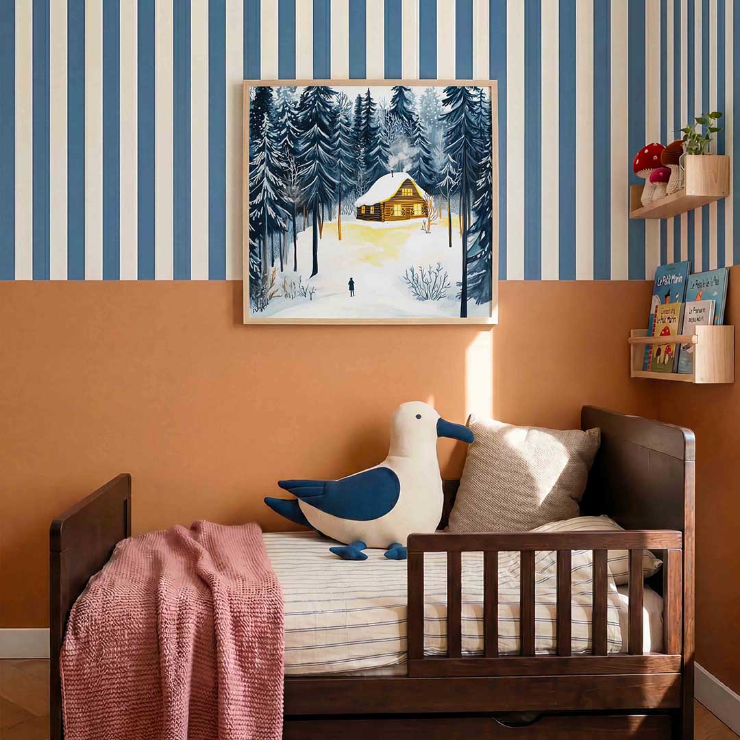 Sneeuwlandschap met houten huis – kids poster in vierkant formaat