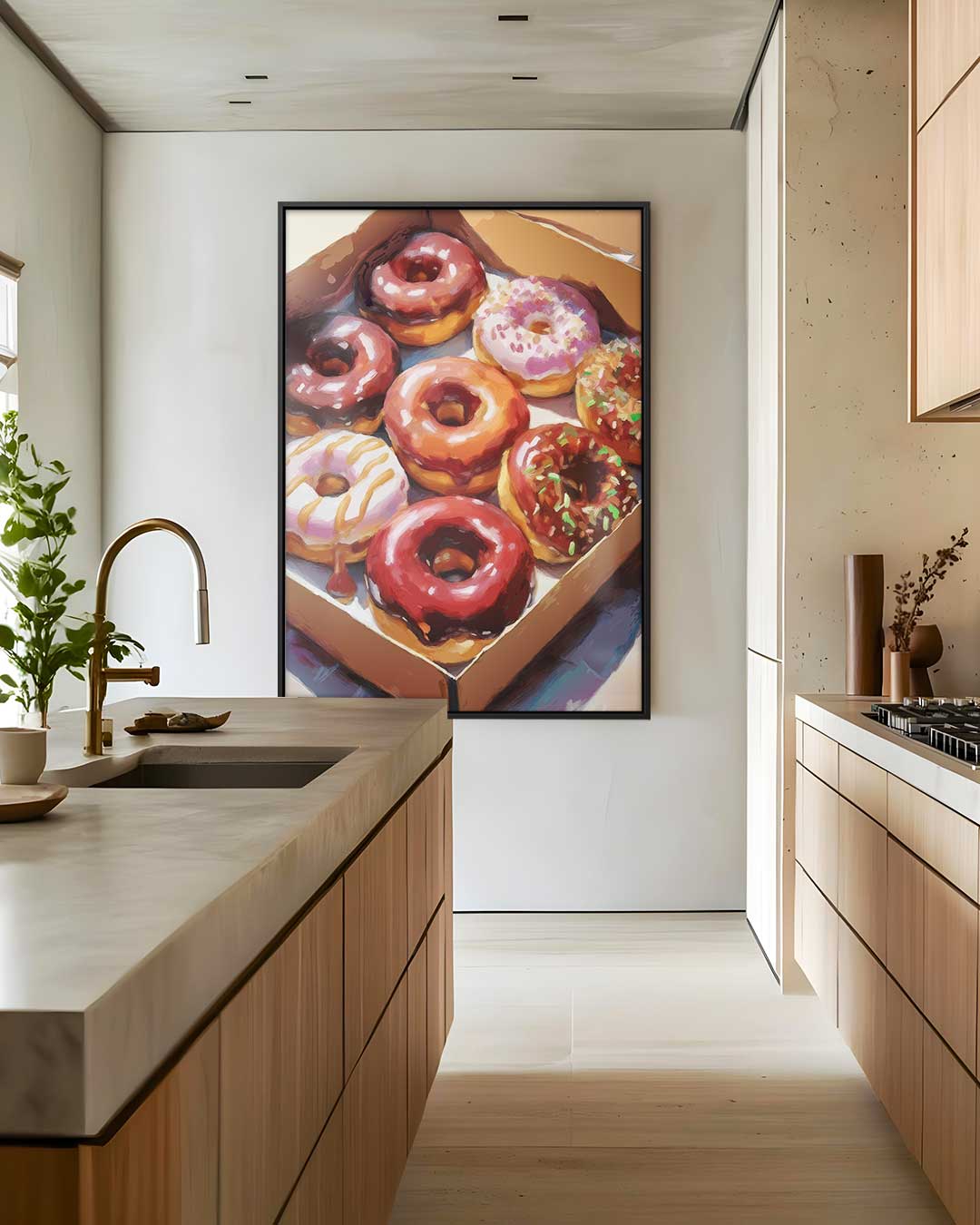 Donut Delight in Kleurrijke Doos – staand kunstwerk voor modern interieur