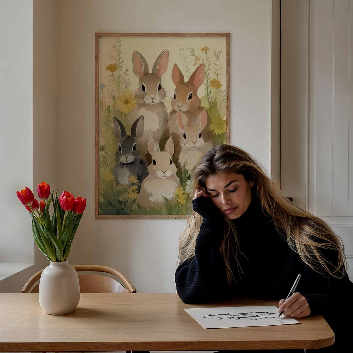 Vrolijke Konijntjes in Bloementuin – staande muurposter voor de kinderkamer