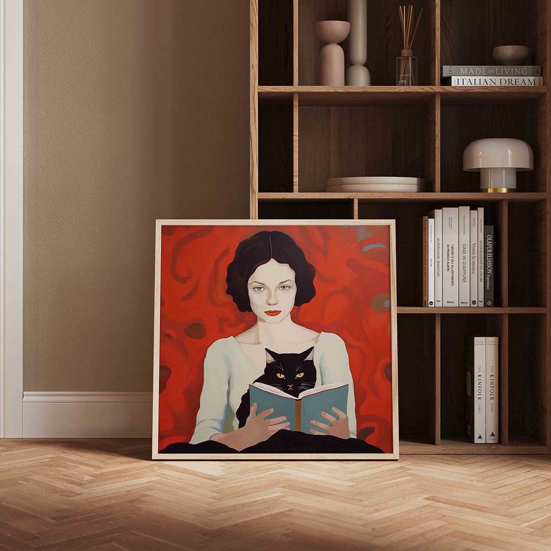 Vrouw met kat en boek – portret poster in vierkant formaat