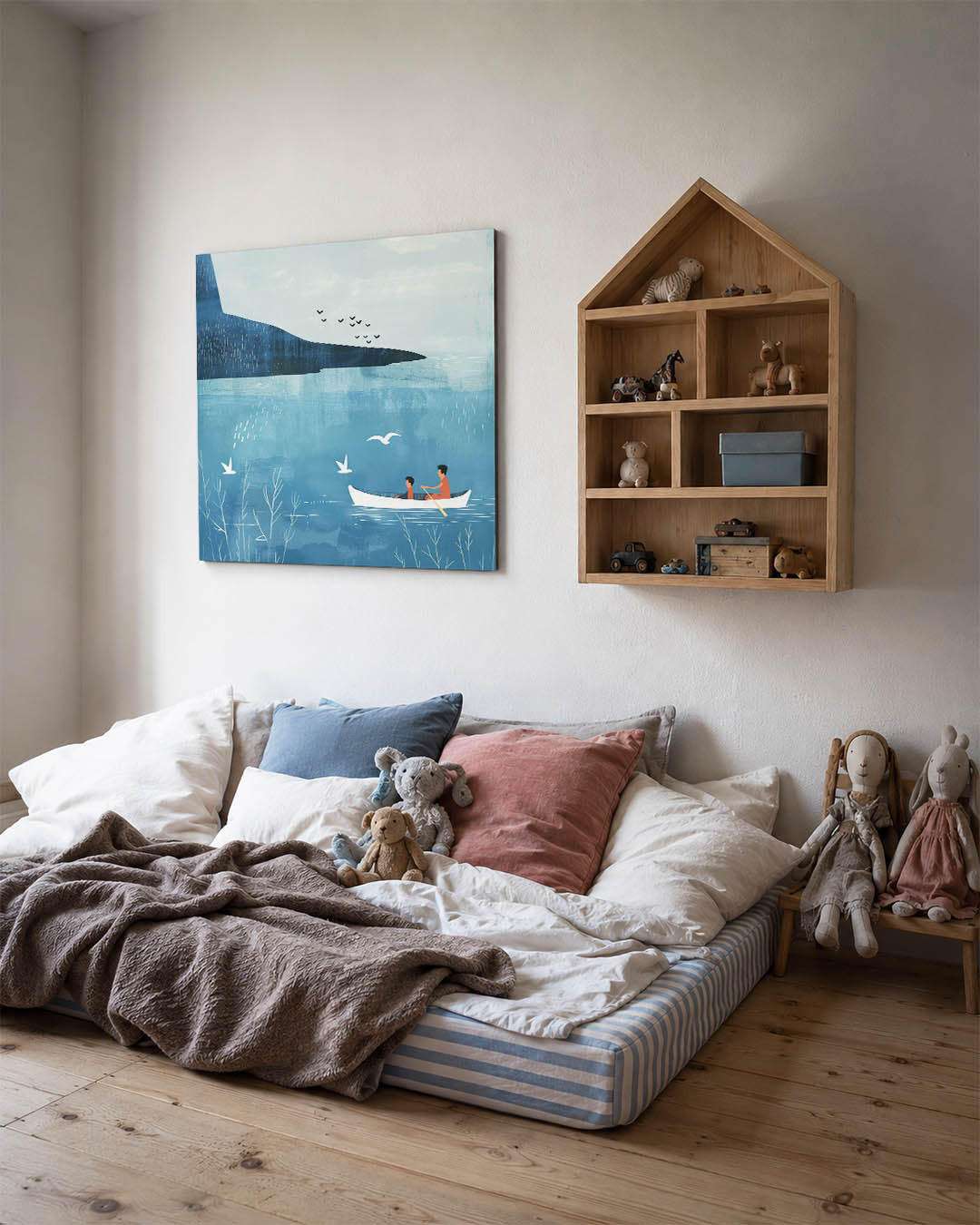 Rustige kano vaart kunstwerk – derde productweergave – dit kunstwerk toont een serene scène van een kano op kalm water