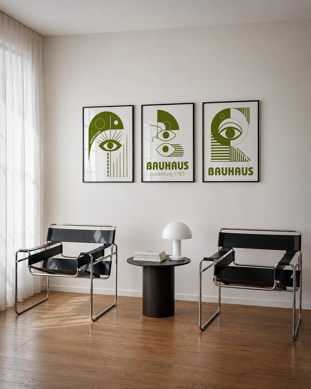 Oog en lijnen driedelige posterset – een groene compositie met een groot oog centraal, omgeven door strakke lijnen en