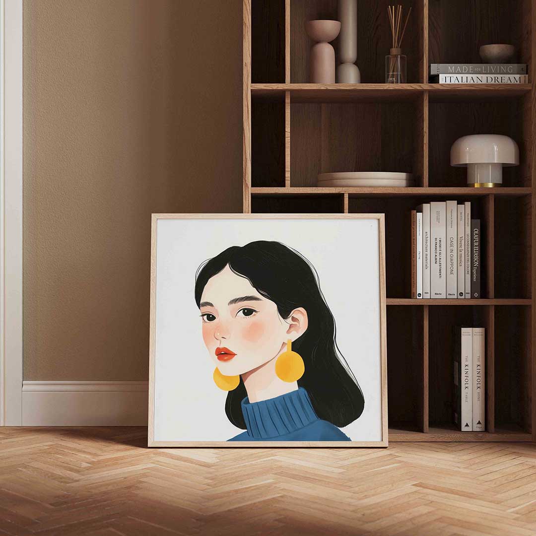 Vrouw met gele oorbellen – moderne poster in vierkant formaat