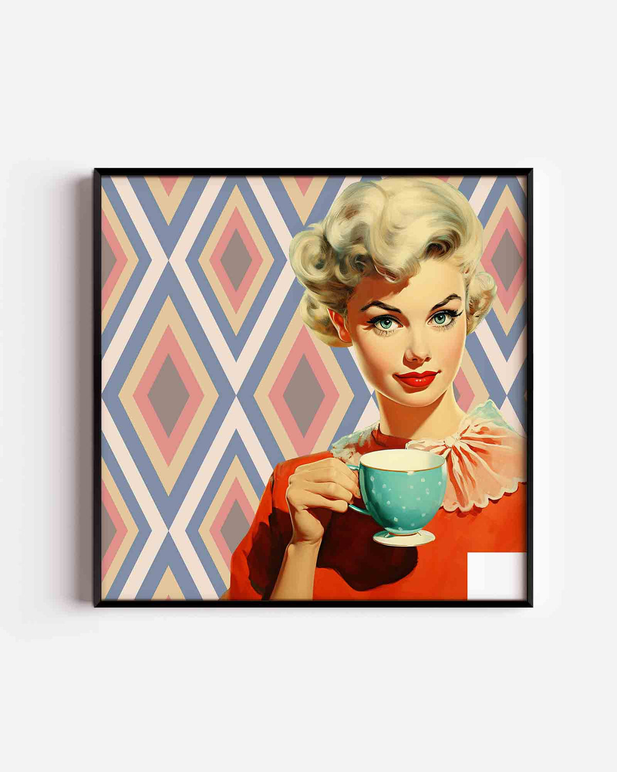 Vrouw met kopje – Pop Art vierkante poster als wanddecoratie