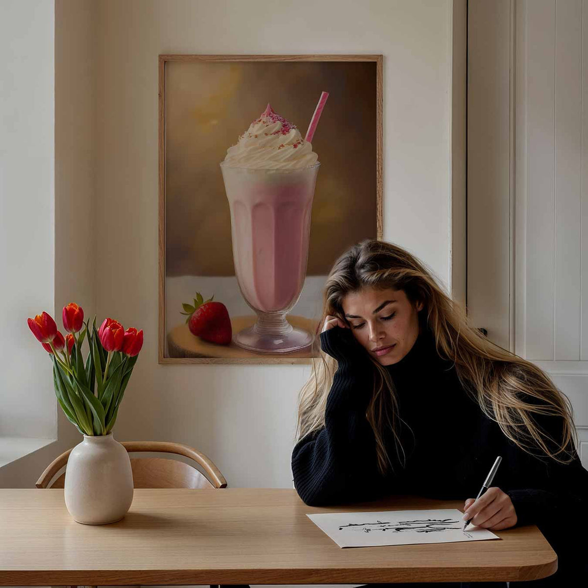 Romantische Aardbeienmilkshake – keuken portret poster, afbeelding 7