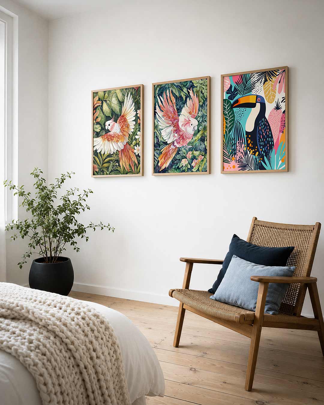 Vleugels en bladeren posterset – derde productweergave – een kleurrijke vogel met oranje en witte veren vliegt