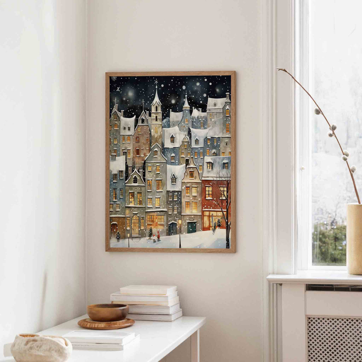 Sneeuwstad in de nacht – staande kerst wanddecoratie van WallArtistic