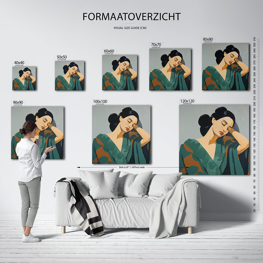 Dromerige vrouw kunstwerk – sfeerbeeld – dit kunstwerk toont een serene vrouw met gesloten ogen. De zachte lijnen en