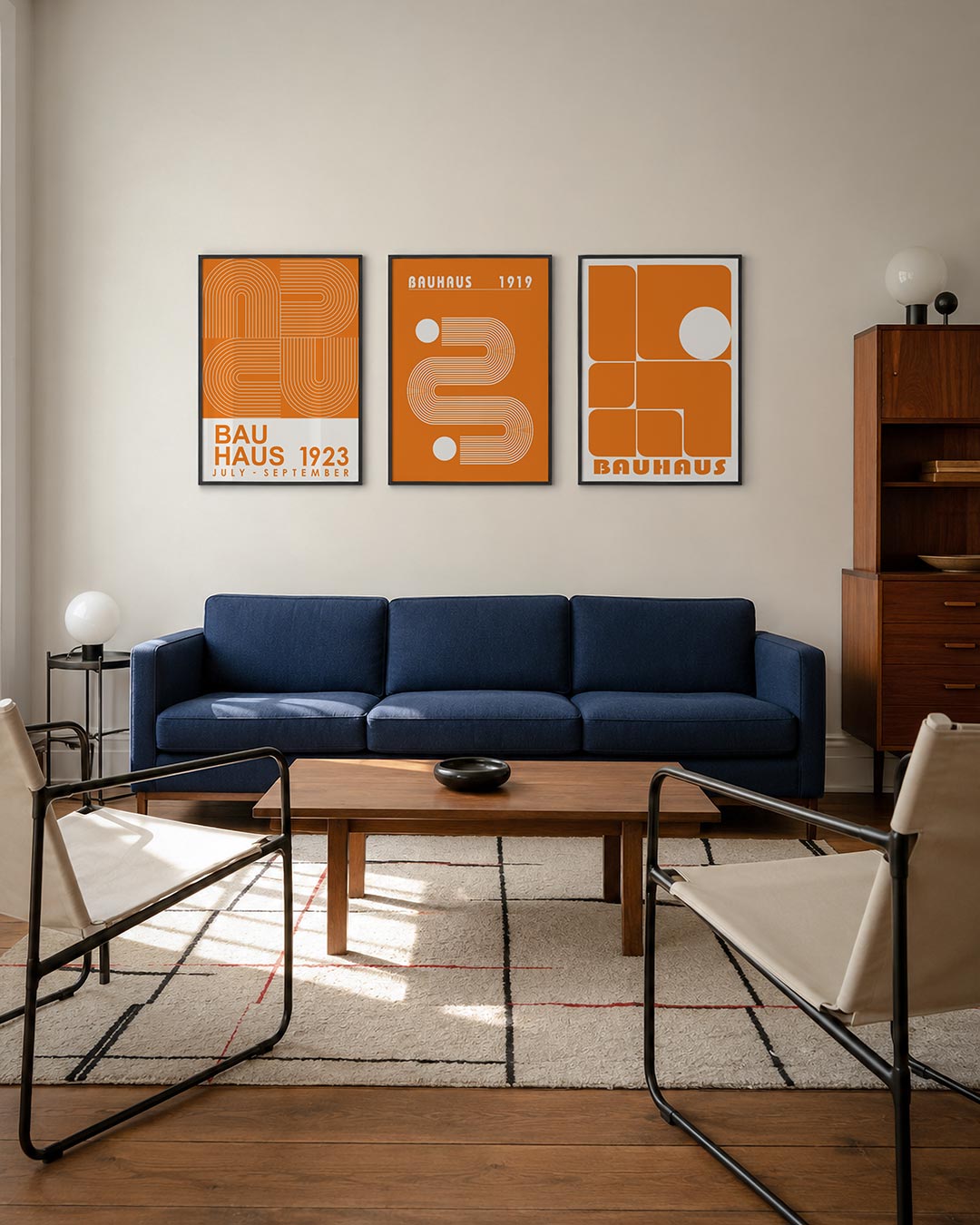 Lijnen en kleurvlakken driedelige posterset – deze posterset in drie delen toont een levendig spel van oranje en witte